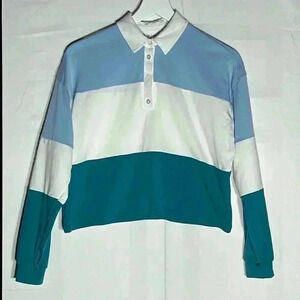 Self E Womens Polo Top Blue Green & Cream XS Stripes Collar Long Sleeves Soft